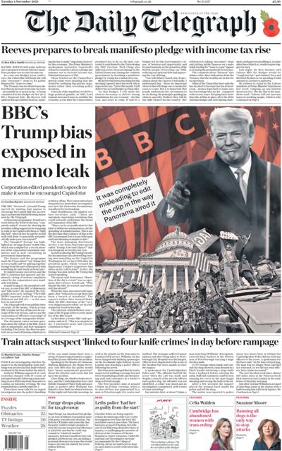 The Daily Telegraph Newspaper Front Page (UK) for 4 November 2025