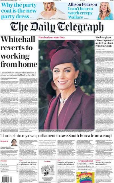 The Daily Telegraph Newspaper Front Page (UK) for 4 December 2024