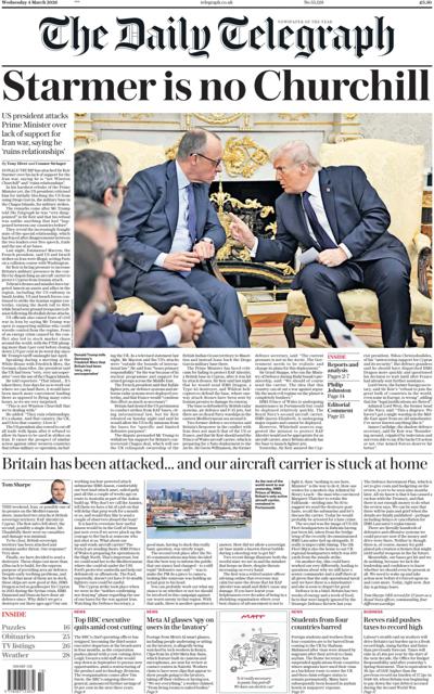 The Daily Telegraph Newspaper Front Page (UK) for 4 March 2026