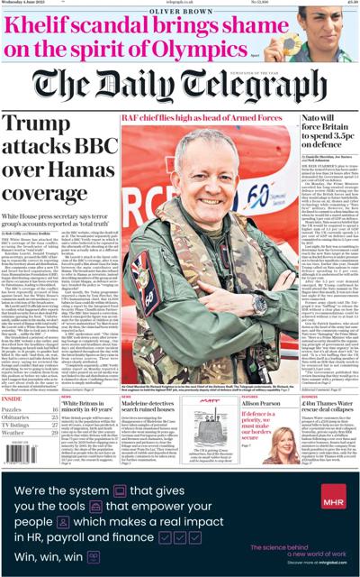 The Daily Telegraph Newspaper Front Page (UK) for 4 June 2025
