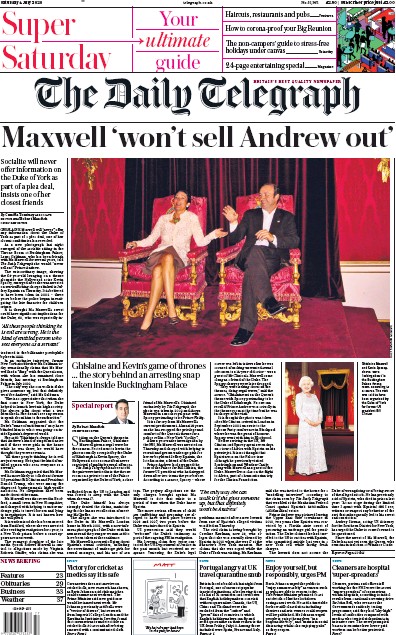 The Daily Telegraph Newspaper Front Page (UK) for 4 July 2020