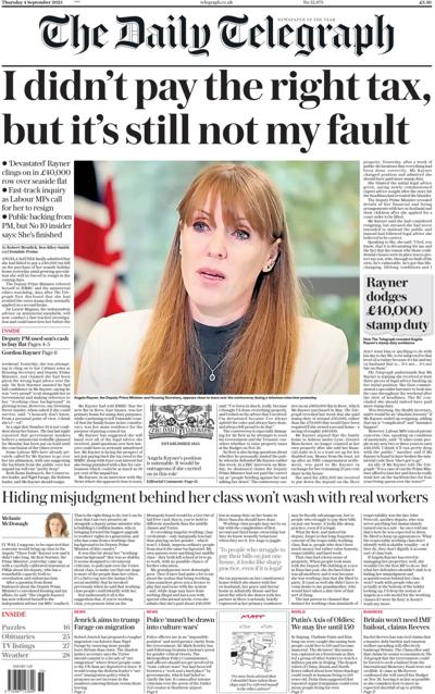 The Daily Telegraph Newspaper Front Page (UK) for 4 September 2025