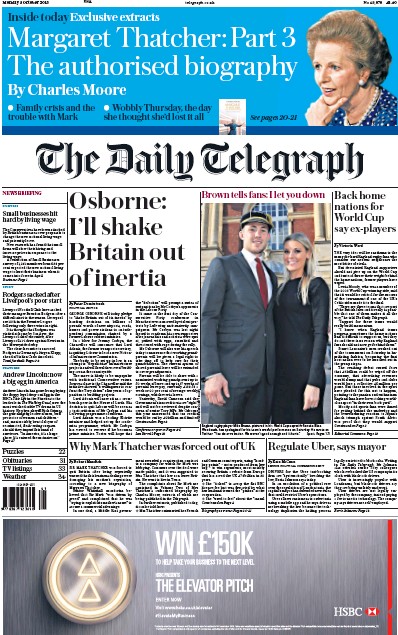 The Daily Telegraph Newspaper Front Page (UK) for 5 October 2015