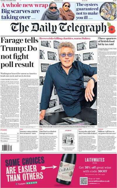 The Daily Telegraph Newspaper Front Page (UK) for 5 November 2024