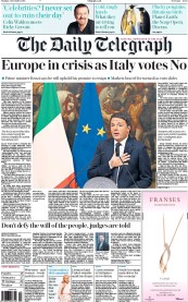 The Daily Telegraph (UK) Newspaper Front Page for 5 December 2016