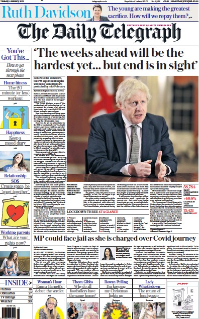 The Daily Telegraph Newspaper Front Page (UK) for 5 January 2021