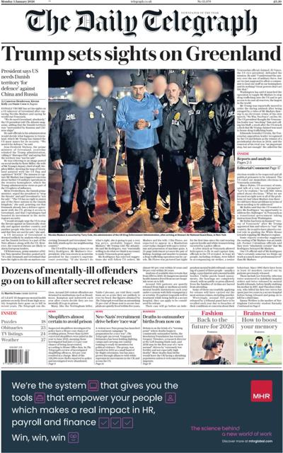The Daily Telegraph Newspaper Front Page (UK) for 5 January 2026