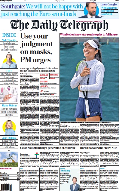 The Daily Telegraph Newspaper Front Page (UK) for 5 July 2021