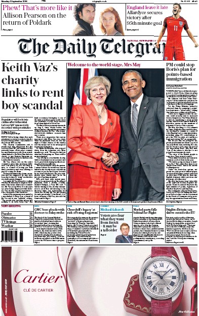 The Daily Telegraph Newspaper Front Page (UK) for 5 September 2016