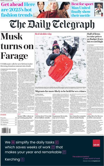 The Daily Telegraph Newspaper Front Page (UK) for 6 January 2025