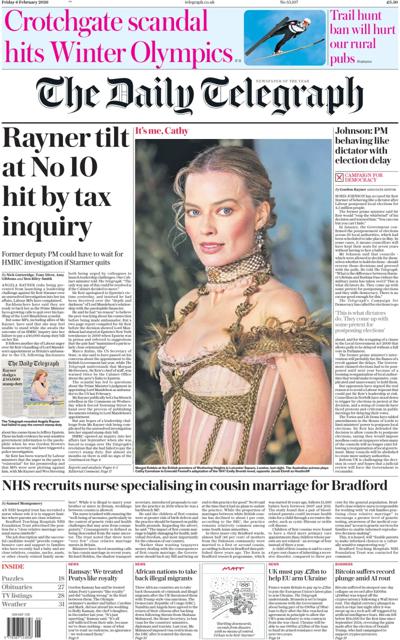 The Daily Telegraph Newspaper Front Page (UK) for 6 February 2026
