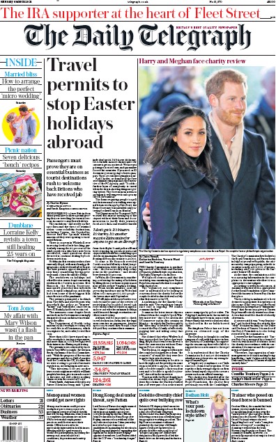 The Daily Telegraph Newspaper Front Page (UK) for 6 March 2021