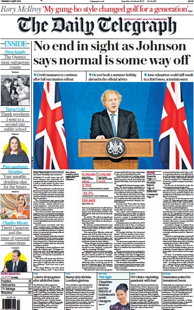 The Daily Telegraph Newspaper Front Page (UK) for 6 April 2021