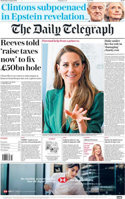 The Daily Telegraph Newspaper Front Page (UK) for 6 August 2025