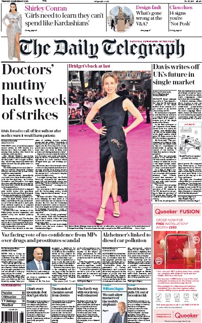 The Daily Telegraph Newspaper Front Page (UK) for 6 September 2016