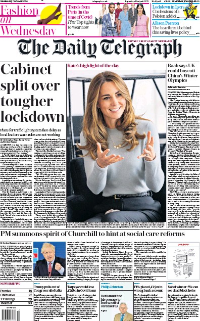 The Daily Telegraph Newspaper Front Page (UK) for 7 October 2020