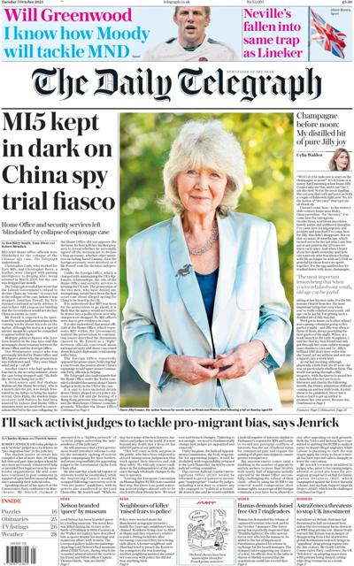 The Daily Telegraph Newspaper Front Page (UK) for 7 October 2025