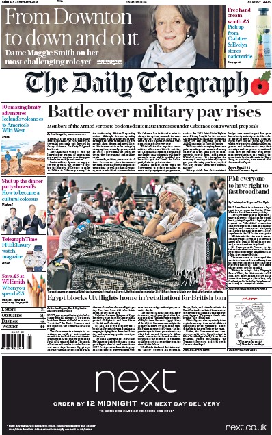 The Daily Telegraph Newspaper Front Page (UK) for 7 November 2015