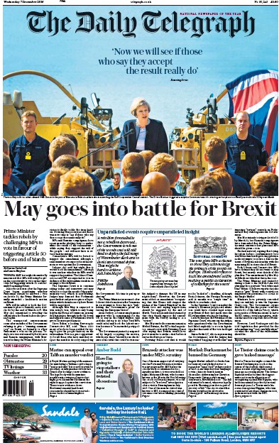 The Daily Telegraph Newspaper Front Page (UK) for 7 December 2016