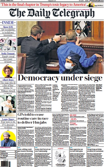 The Daily Telegraph Newspaper Front Page (UK) for 7 January 2021