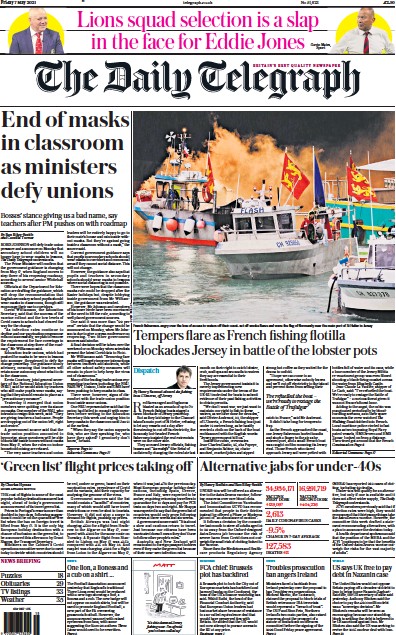 The Daily Telegraph Newspaper Front Page (UK) for 7 May 2021