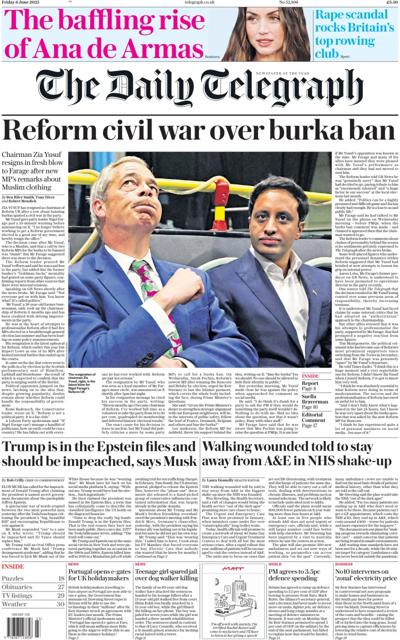 The Daily Telegraph Newspaper Front Page (UK) for 7 June 2025