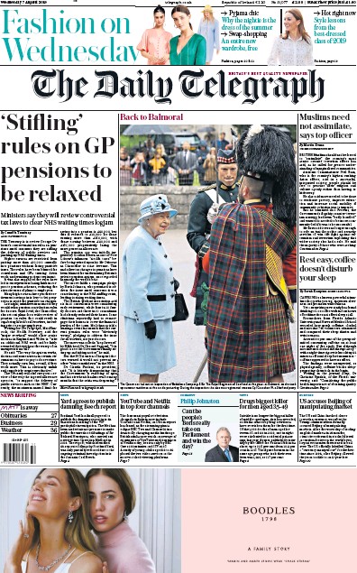 The Daily Telegraph Newspaper Front Page (UK) for 7 August 2019