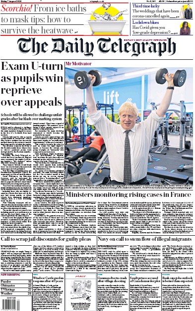 The Daily Telegraph Newspaper Front Page (UK) for 7 August 2020