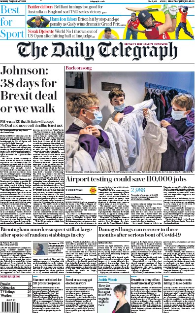 The Daily Telegraph Newspaper Front Page (UK) for 7 September 2020