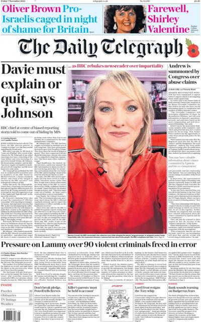 The Daily Telegraph Newspaper Front Page (UK) for 8 November 2025