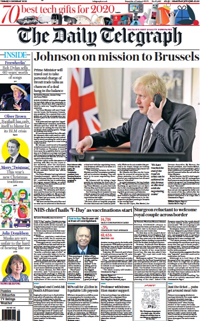 The Daily Telegraph Newspaper Front Page (UK) for 8 December 2020