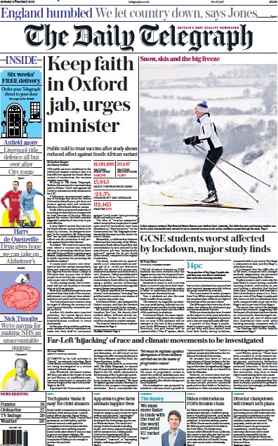 The Daily Telegraph Newspaper Front Page (UK) for 8 February 2021