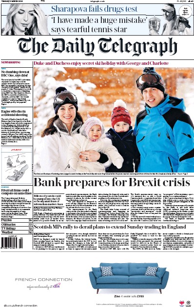 The Daily Telegraph Newspaper Front Page (UK) for 8 March 2016