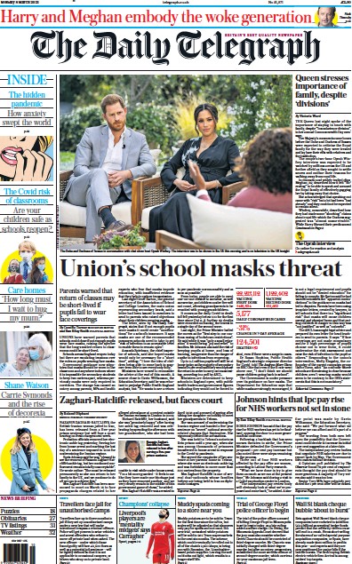 The Daily Telegraph Newspaper Front Page (UK) for 8 March 2021