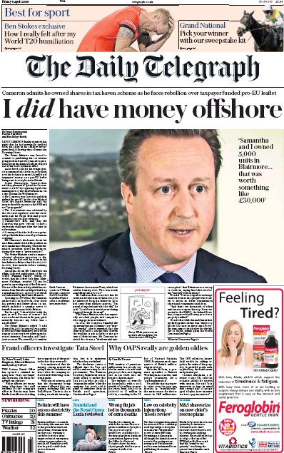 The Daily Telegraph Newspaper Front Page (UK) for 8 April 2016