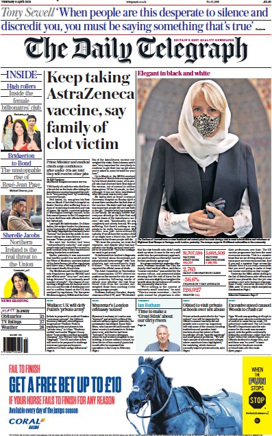 The Daily Telegraph Newspaper Front Page (UK) for 8 April 2021