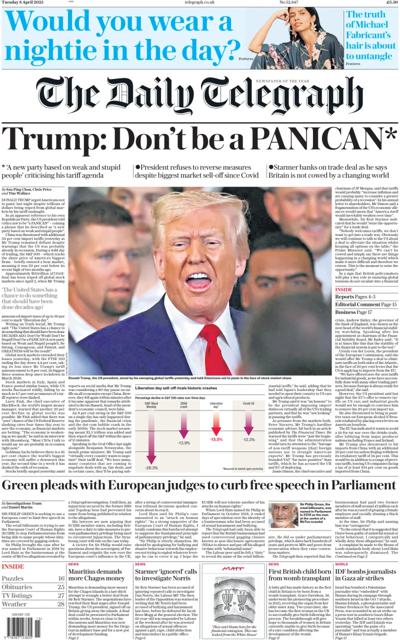 The Daily Telegraph Newspaper Front Page (UK) for 8 April 2025