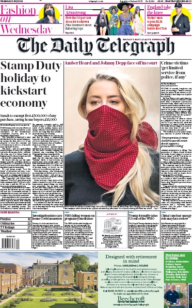 The Daily Telegraph Newspaper Front Page (UK) for 8 July 2020