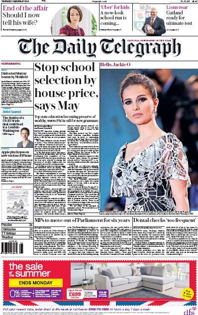 The Daily Telegraph Newspaper Front Page (UK) for 8 September 2016