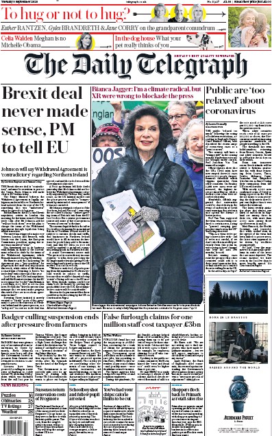 The Daily Telegraph Newspaper Front Page (UK) for 8 September 2020