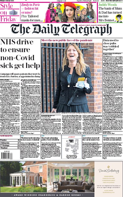 The Daily Telegraph Newspaper Front Page (UK) for 9 October 2020