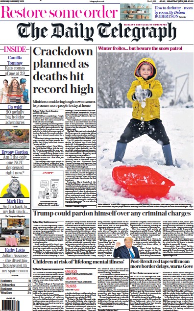 The Daily Telegraph Newspaper Front Page (UK) for 9 January 2021