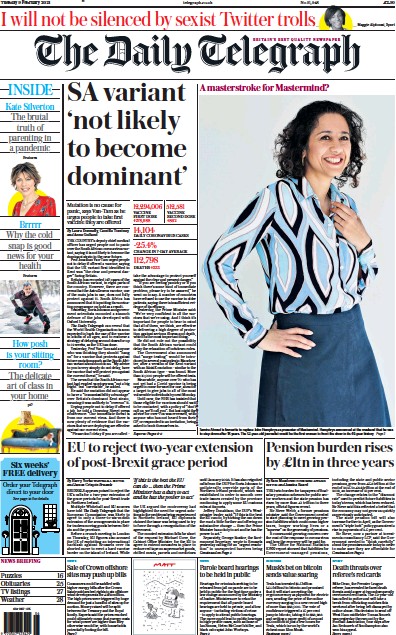 The Daily Telegraph Newspaper Front Page (UK) for 9 February 2021