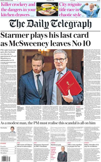 The Daily Telegraph Newspaper Front Page (UK) for 9 February 2026