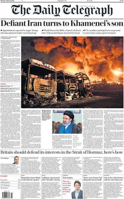 The Daily Telegraph Newspaper Front Page (UK) for 9 March 2026