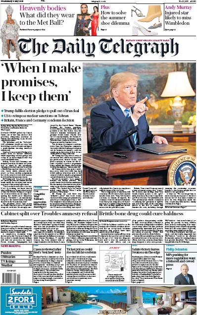 The Daily Telegraph Newspaper Front Page (UK) for 9 May 2018