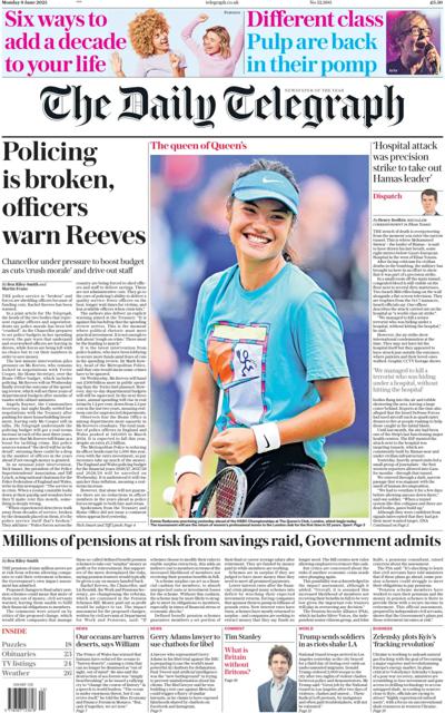 The Daily Telegraph Newspaper Front Page (UK) for 9 June 2025