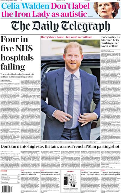 The Daily Telegraph Newspaper Front Page (UK) for 9 September 2025