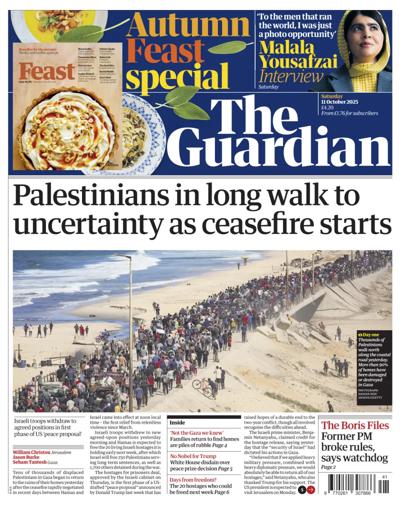 The Guardian Newspaper Front Page (UK) for 11 October 2025