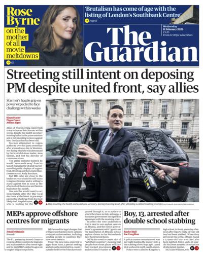 The Guardian Newspaper Front Page (UK) for 11 February 2026